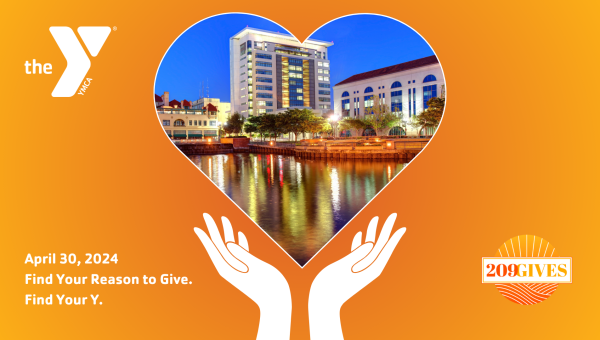 A Banner that is a gradient of orange to yellow. In the upper left corner the Y logo, in the center is a heart with an image of downtown Stockton and two hands holding the heart. The bottom right has the 209 Gives logo and the bottom right says April 30, 2024. Find Your Reason to Give. Find Your Y. 